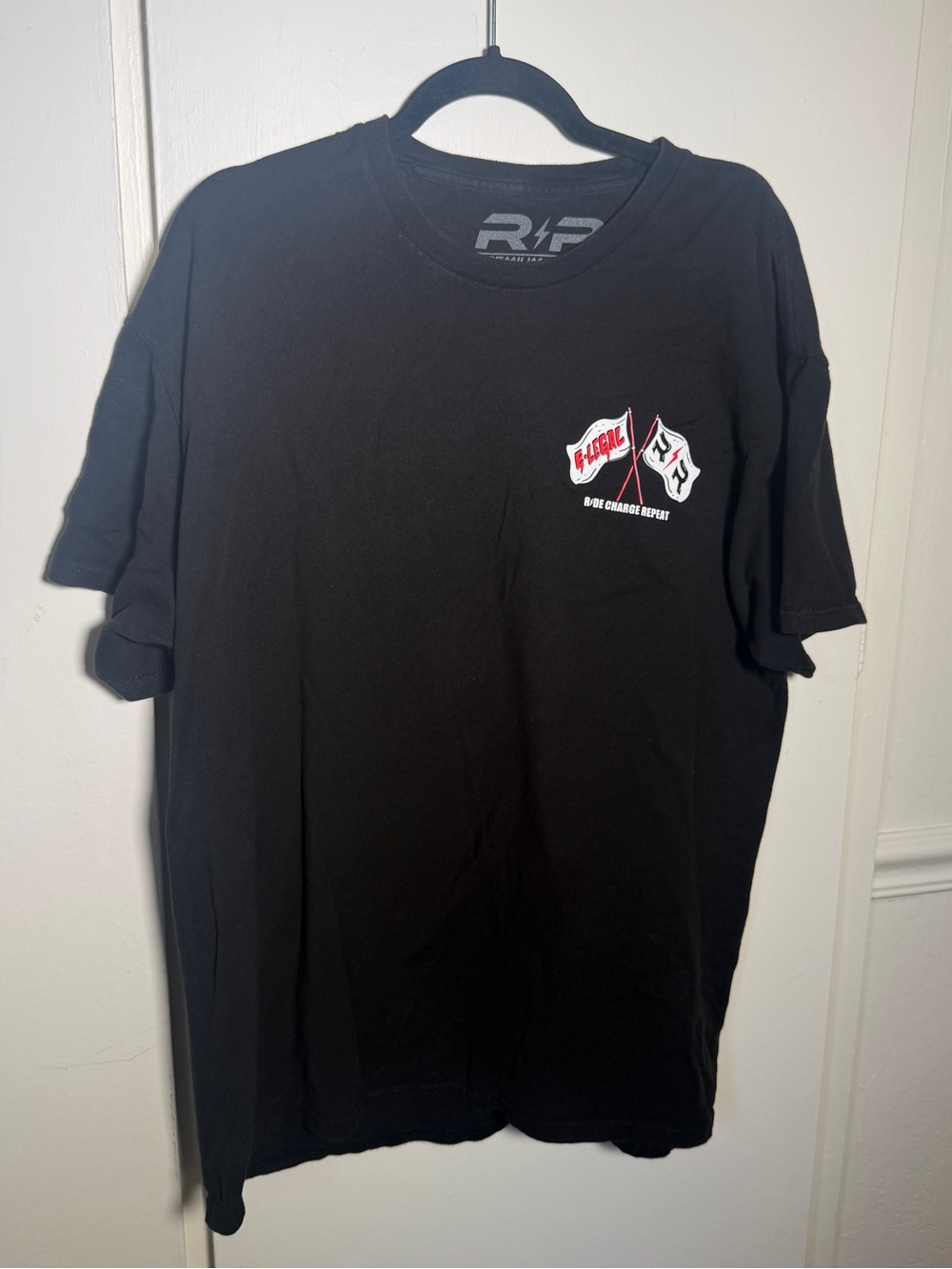 R&R "Ride Charge Repeat" Black Short Sleeve Tee with Red & White Chest Flags XL